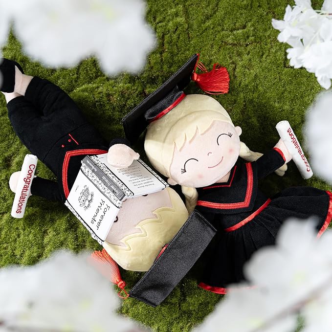 Gloveleya Graduation Plush Doll – 16 Inch Baby Girl Gift with Cap & Gown, Keepsake Congratulation Present for Kindergarten & School Graduation, Soft Cloth Doll with Gift Bag