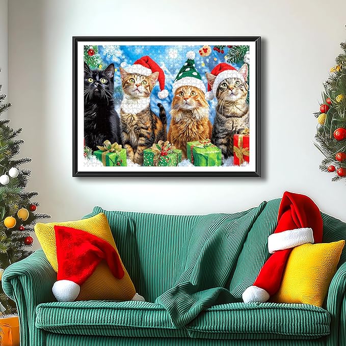 500 Piece Christmas Cats Jigsaw Puzzle for Adults Festive Animal Winter Scene Holiday Puzzle with Letters on Back Vintage Fun Santa Hats Kitten Family Challenging Puzzles Game for Seniors Adults