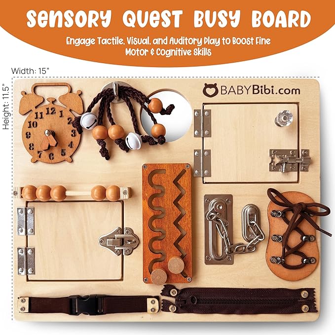 Large Montessori Busy Board - 10-in-1 Sensory Activity Toy for Toddlers with Locks, Shoelaces & More - Education Travel Toy for Boys & Girls Ages 3+