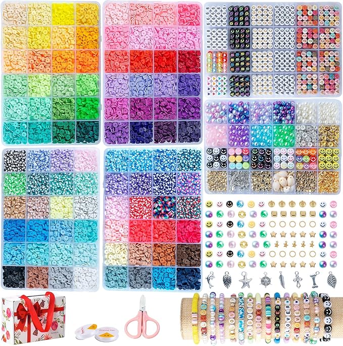 Premium 6-Box Clay Beads Bracelet Making Kit - 12,000 Polymer & Heishi Beads in 96 Colors,Jewelry Kit with Over 1,300 Letter Beads & Exclusive Mermaid Charms - Gift for DIY Enthusiasts