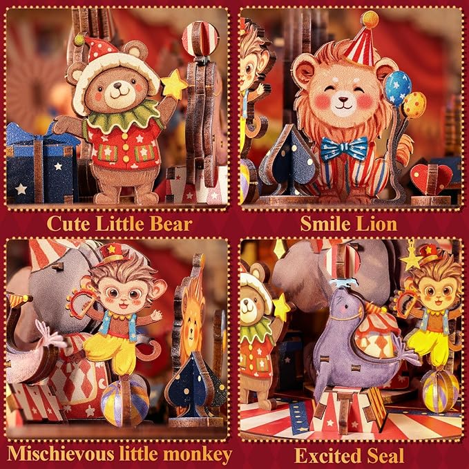 CUTEBEE 3D Puzzles Wooden Theater for Adults - DIY Music Box Rotating Miniature House Kit Model Building Set with LED Light, Home Bookshelf Decor, Unique Birthday Gifts (Animal Carnival)