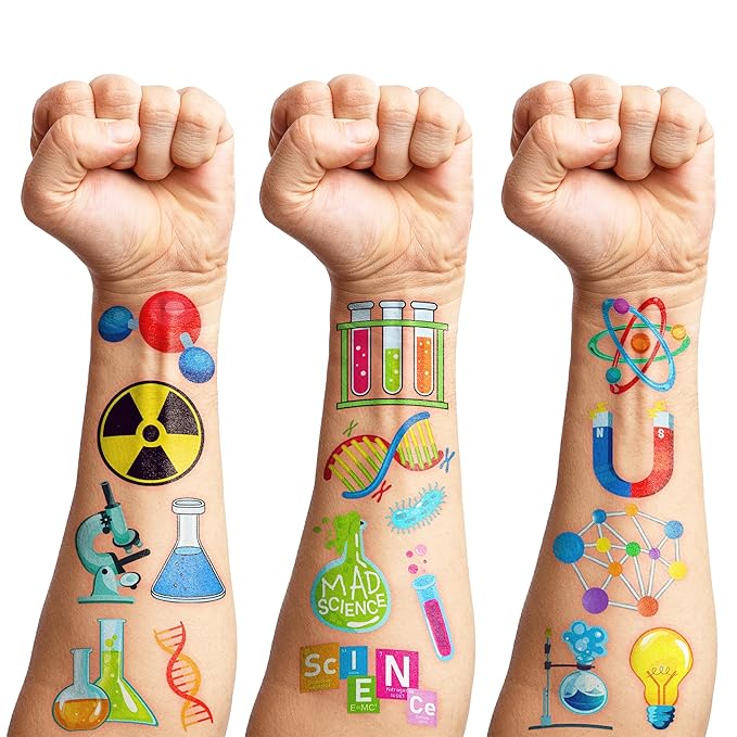 96PCS Funny Science Temporary Tattoos Mad Scientist Laboratory Themed Birthday Party Decorations Favors Supplies Decor Math Chemistry Experiment Tattoo Stickers Gifts For Kids Boys Girls School Prizes