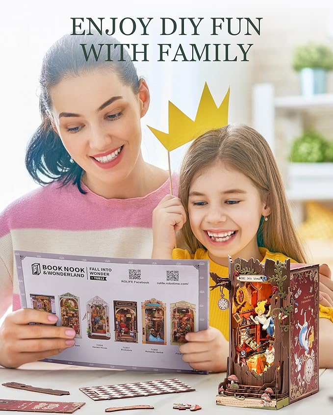 Rolife DIY Book Nook Kits Fall into Wonder, Fairy Tale Bookend Wooden 3D Puzzles for Bookshelf Decor, DIY Miniature House Building Kit for Adults, DIY Crafts/Surprised Gifts for Teens & Book Lovers