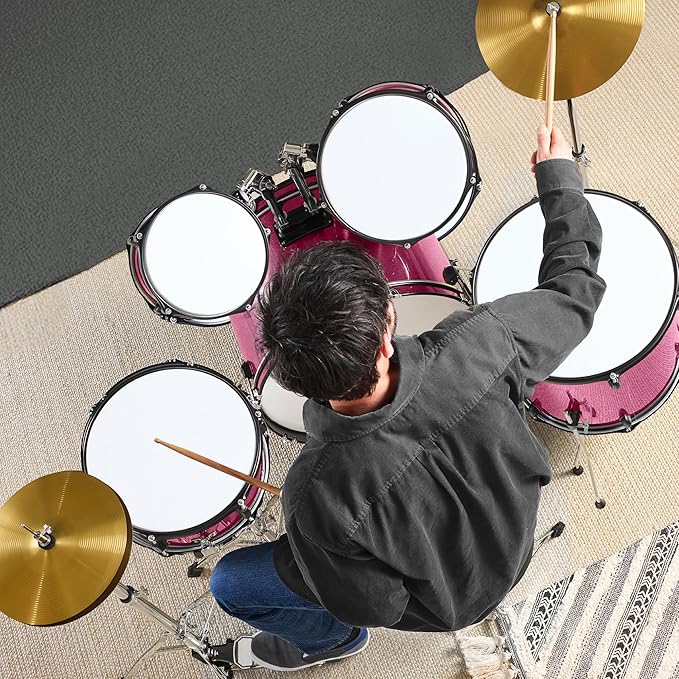 Best Choice Products 5-Piece Full Size Complete Adult Drum Set w/Cymbal Stands, Stool, Drum Pedal, Sticks, Floor Tom - Pink Sparkle
