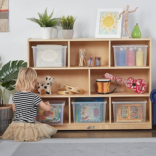 ECR4Kids 8-Compartment Mobile Storage Cabinet, 36in, Classroom Furniture, Natural