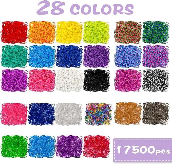 INSCRAFT 17500+ Rubber Loom Bands with 3 Layer Light Purple Container, 28 Colors, 600 S-Clips, 352 Beads, 40 Cartoon Pendant, Bracelet Making Refill Kit for Kids