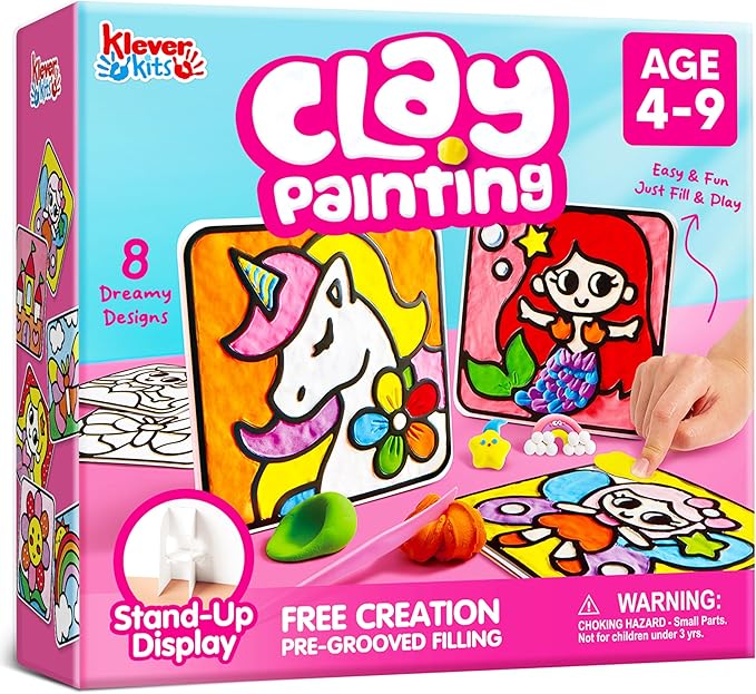 Klever Kits Air Dry Clay Painting, Air Clay Kit for Kids, 8 Pre-grooved Filling and Original Designed Boards, Easy Play and Non Toxic Material, Arts and Crafts for Kids Age 4-9