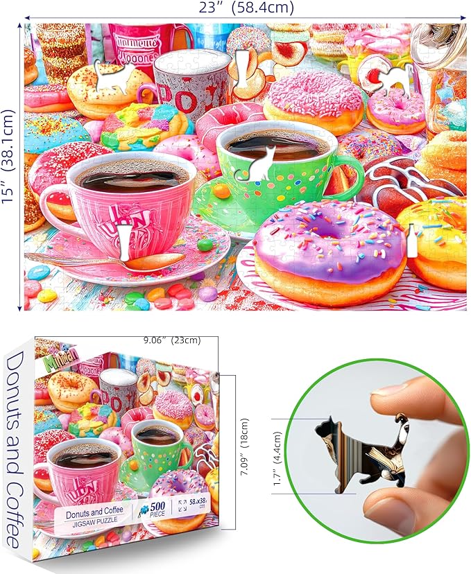 500 Pieces Puzzles for Adults Colorful Donuts Coffee Jigsaw Puzzle Letter on Back No Dust Difficult Unique Family Challenging Food Puzzles Gift Toy for Adults Seniors Perfect for Game Nights （23"x15"）