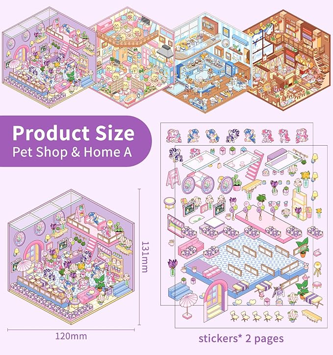 DIY 3D House Stickers, 4 Sets Fun DIY Stickers Scene Make Your Own Mini House Cute Cartoon Animal Scene Sticker for Kids Adult Sticker Art Relief Stress Pass The Time