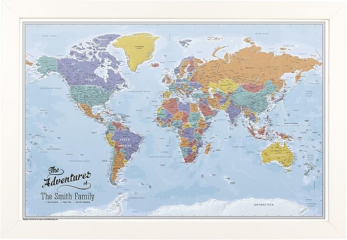 Canvas - Personalized Blue Oceans World Push Pin Travel Map with Textured White Frame