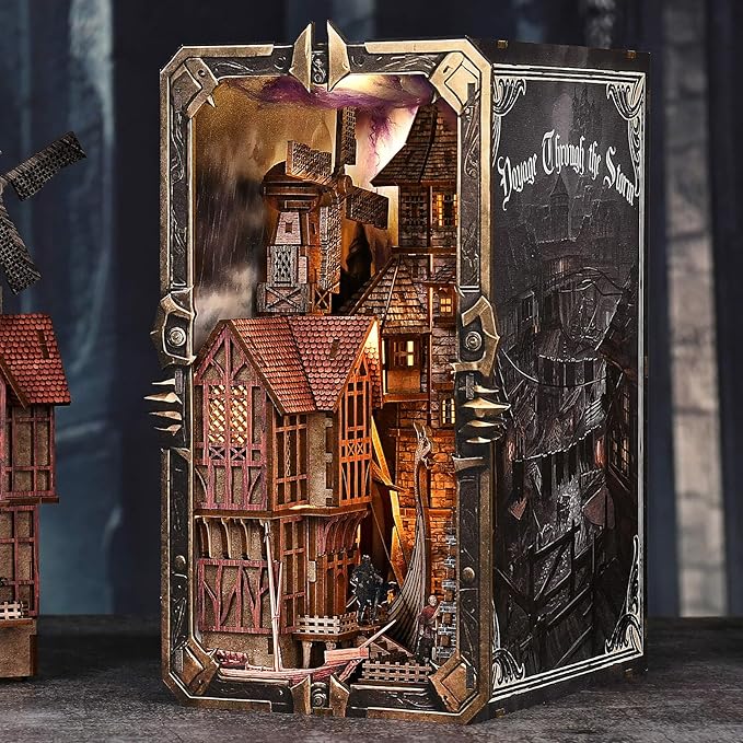 DIY Viking Book Nook Kit, Miniature House Dollhouse Kit for Adult and Teens, Booknook Bookend Tiny House Model Build Bookshelf Insert Decor 3D Wooden Puzzle, Gifts for Family, Friends
