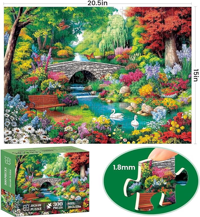 300 Piece Puzzle for Adults,Riverside Animal Puzzle for Kids Teen Adults,Spring Flower Landscape Jigsaw Puzzle 300 Piece,Interlock Perfectly Letter on Back,Family Activity Game Nights Gifts,20.5x15 in