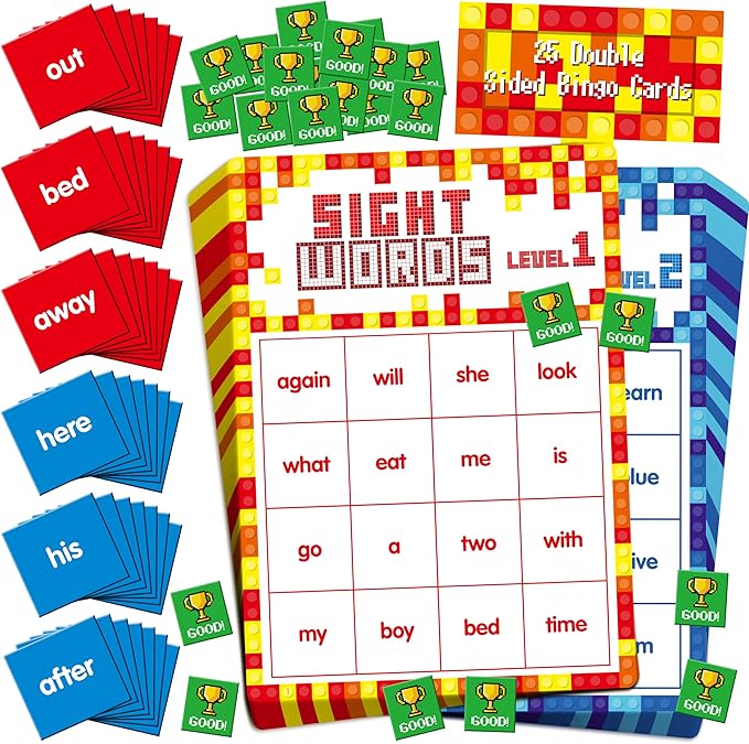 Sight Word Bingo Game, 144 Sight Words Learn to Read Level 1 & Level 2 Bingo Board Game Dolch's & Fry's Words Lists for Kindergarten and Preschool, Grade 1st, 2nd, Kids 4-8 (Up to 25 Players)