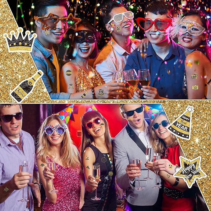 Landhoow 240 Pcs 2026 Happy New Year Tattoos Temporary Stickers Glitter New Year's Eve Face Tattoos Cool Body Sticker 2026 Themed Party Costume Accessory Tattoo Party Favor
