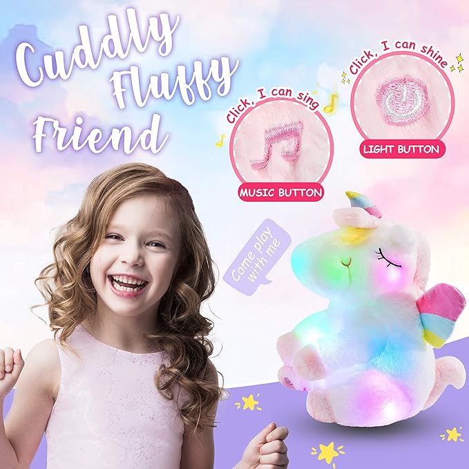 Athoinsu Musical Light up Unicorn Stuffed Animal Soft Furry Plush Toy with LED Night Lights Children's Day Birthday Gifts for Kids Toddler Girls,12''