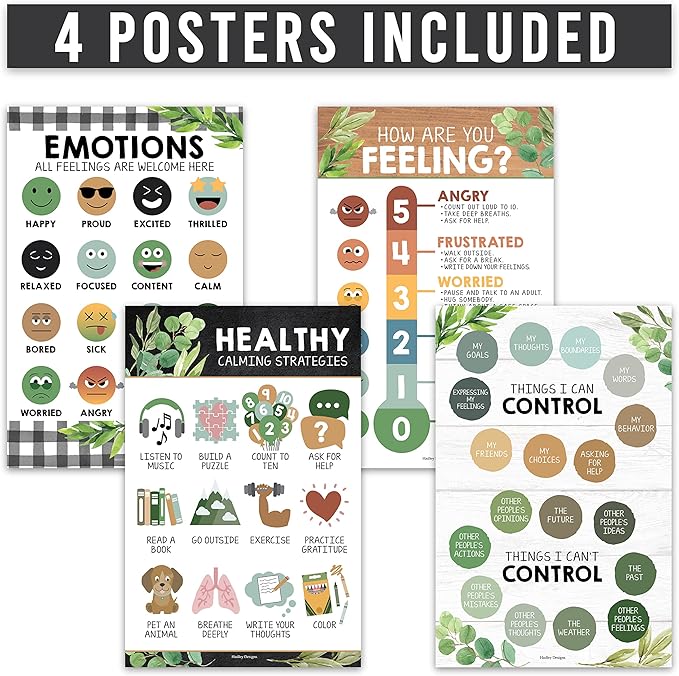 Hadley Designs Feelings Chart For Kids Ages 4-8- Emotions Chart For Toddlers 3-5, Counseling Feelings Posters For Classroom Calming Corner, Social Emotional Learning Posters, Farmhouse Classroom Decor