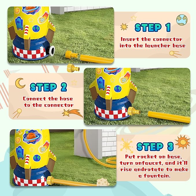 Water Rocket Sprinkler for Kids, Outdoor Sprinkler Rocket Launcher Toy for Backyard, Summer Water Toys for Kids Ages 3-12, Fun Water Powered Rocket Toy (Yellow-2)