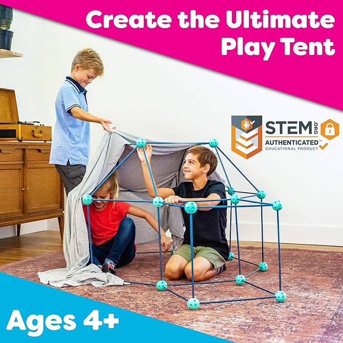 Power Your Fun Forts Kids Tent - 81 Pack STEM Toy Fort Building Kit, Building Toys Play Tent Indoor and Outdoor Playhouse for Kids Construction Toys with 52 Rods and 29 Spheres (Green, Blue)