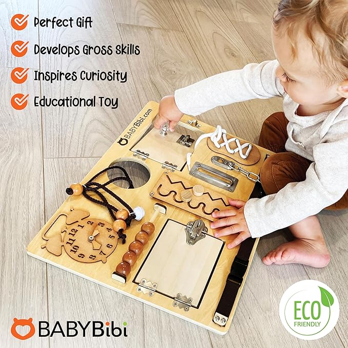 Large Montessori Busy Board - 10-in-1 Sensory Activity Toy for Toddlers with Locks, Shoelaces & More - Education Travel Toy for Boys & Girls Ages 3+