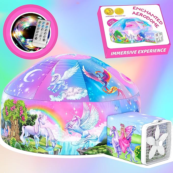 W&O Enchanted Aerodome with LED Lights - Inflatable Princess Castle for Kids Aged 3-12, Inflates in Seconds Creating an Immersive Fairytale Experience (Fan Not Included)