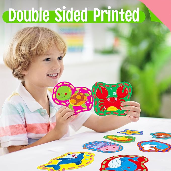 9 Pieces Kids Lacing Cards, Double Sided Sewing Cards in 9 Marine Animal Cards with 9 Colorful Laces, Imagination Development Lacing Toys Games for Children Educational and Learning Activity