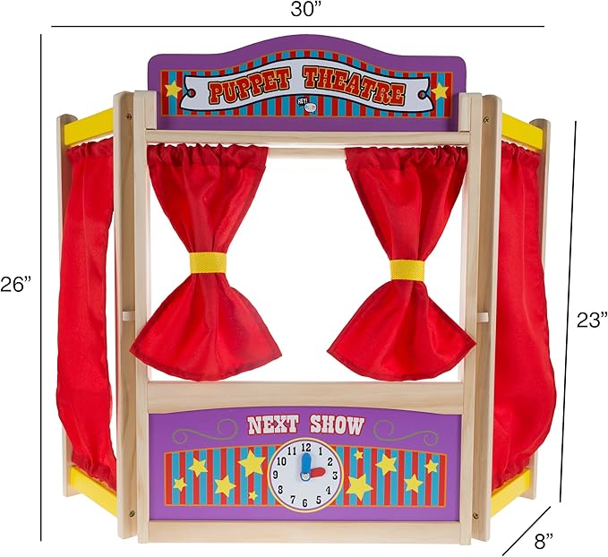 Hey! Play! Wooden Tabletop Puppet Theater with Curtains, Blackboard, and Clock- Inspires Imagination and Creativity for Kids, Boys and Girls