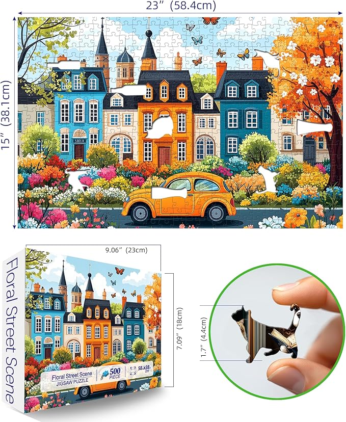 Colorful City Street Jigsaw Puzzles for Adults 500 Pieces Spring Vintage Car and Flower Garden Scene Puzzle Family Challenging Funny Puzzle Perfect for Game Nights(21"x15")