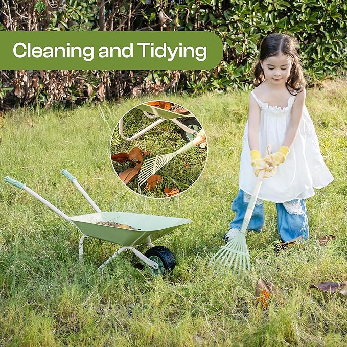 ROBOTIME Kids Wheelbarrow Set, 5PCS Kids Gardening Tool Set with Metal Toy Wheelbarrow, Shovel, Hoe, Broom & Gloves, Outdoor Yard Play for Planting, Sand, Leaves & Snow Fun, Gifts for Toddler 3+