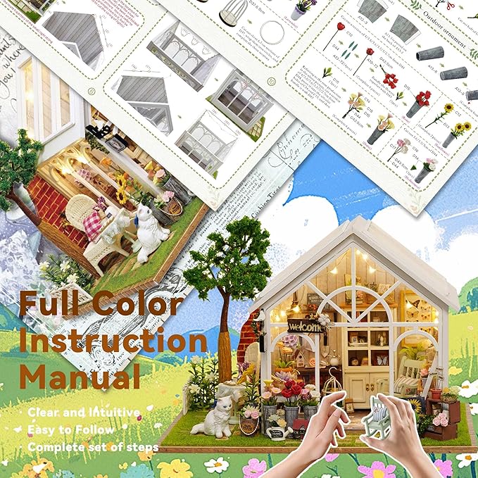 Flever DIY Miniature House Kit, Tiny Home Kit with LED Light, Mini House Build Craft Kits for Adults and Teens, Home Decor Creative Gift for Family/Friends (Sunshine Greenhouse)