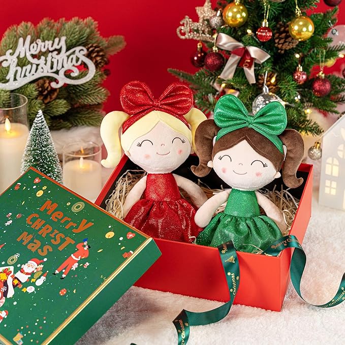 Gloveleya Christmas Baby Doll – Soft Plush Girl Toy in Green Dress, Doll for Kids, Xmas Décor & Keepsake, 12 Inches