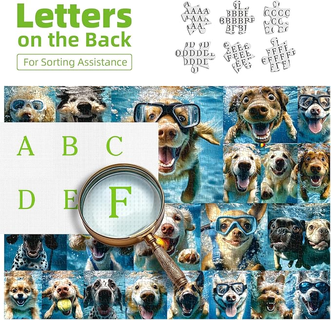 Underwater Dogs Jigsaw Puzzles 1000 Pieces for Adults Funny Cute Dogs Collage Puzzles for Adults 1000 Pieces with Letters on Back Hard Impossible Difficult Challenging Family Puzzle
