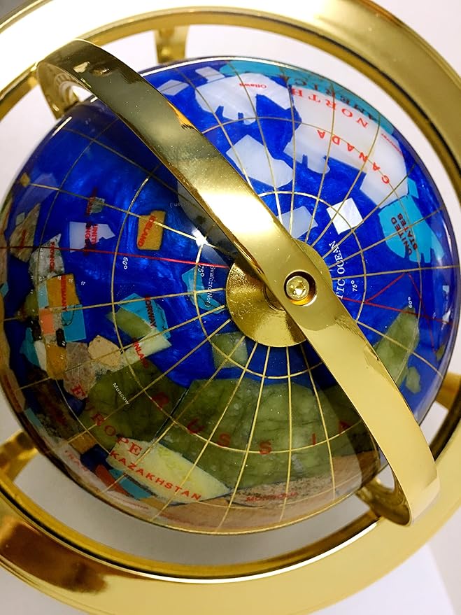 Unique Art 10-Inch Tall Table Top Blue Pearl Swirl Ocean Gemstone World Globe with Gold Tripod Stand (Blue Pearl)