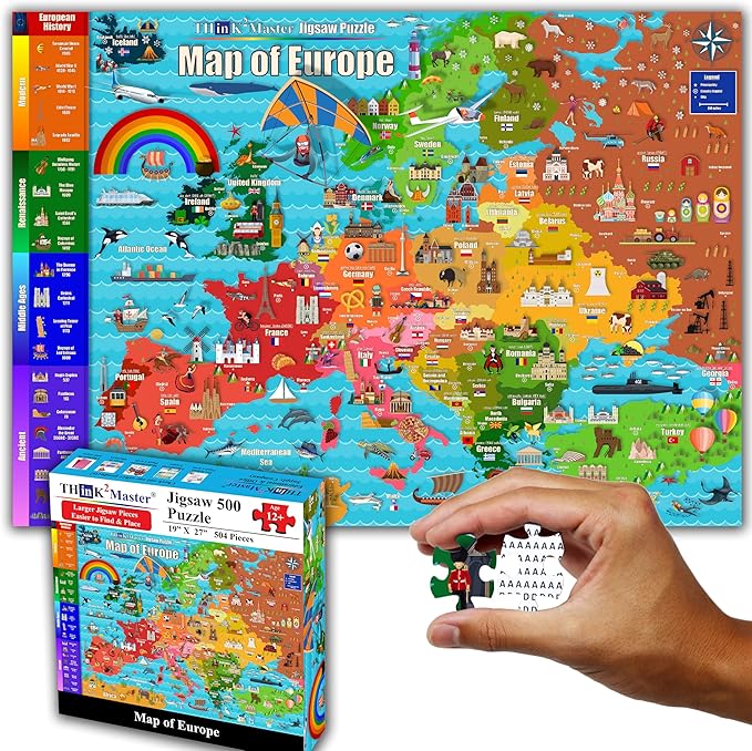Think2Master Colorful Map of Europe 500 Pieces Jigsaw Puzzle for Kids 12+, Teens, Adults & Families. Great Gift for stimulating Interest in The European Map. Size: 26.8” X 18.9”
