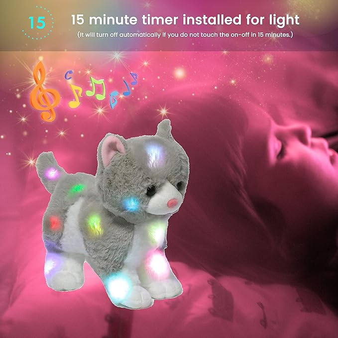 Hopearl LED Musical Stuffed Kitty Lighting Up Singing Plush Cat Adjustable Volume Lullaby Animated Soothe Birthday Gifts for Kids Toddler Girls, Grey, 13.5''