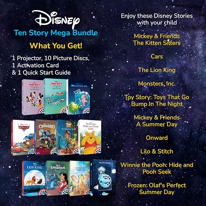 Moonlite Storytime Disney Megabundle with Mini Projector and 10 Classic Bedtime Stories, A Magical Way to Read Together, Digital Storybooks, Fun Sound Effects, Learning Gifts for Kids Ages 1 and Up