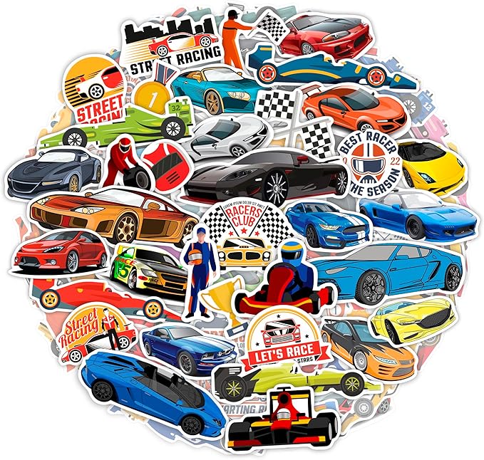 BulbaCraft 100Pcs Race Car Stickers, Racing Stickers and Decals, Race Car Party Favors, Racing Gifts, Gifts for Women & Men