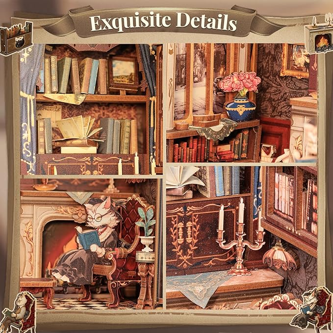 CUTEBEE DIY Book Nook Kit, Miniature House Kits for Adult and Teens, DIY Miniature Book Nook kit with Sensor Led Light, Gifts for Lovers and Family (Count Cat's Study)