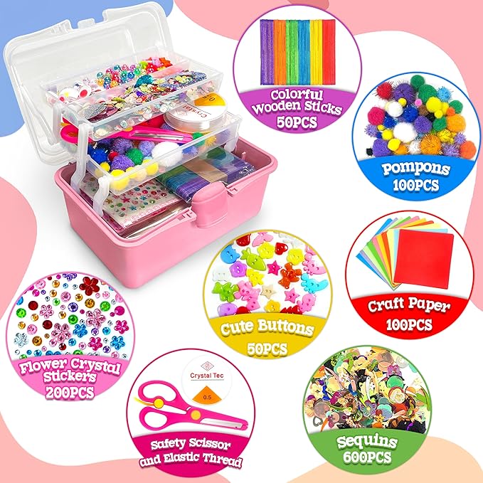 LINAYE 2500+PCS Arts and Crafts Supplies for Kids, DIY Craft Supplies Kit Box for Ages 6-8, Arts and Crafts Kit for Kids, Crafting Supply Set for Girls Boys Birthday Christmas Gifts, Pink