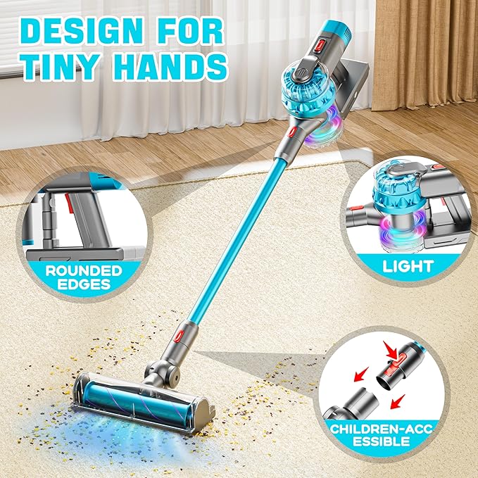 4-in-1 Kids Toy Vacuum That Works with Suction, Electric Toddler Toy Vacuum Cleaner for Children Ages 3 4 5 6+ Boys & Girls,Toddlers Toys Cleaning Set for Pretend Play (Cyan)