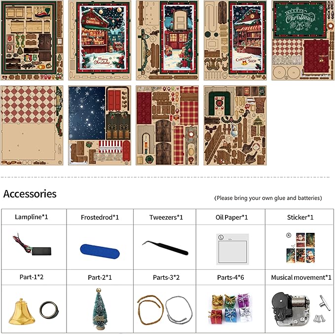ISSEVE Book Nook Kit - DIY Miniature House Kit for Adults Teens Beginners, Christmas Dollhouse Booknook with Music Mechanism Tiny House Bookshelf Decoration 3D Wooden Puzzles (Christmas Shop)