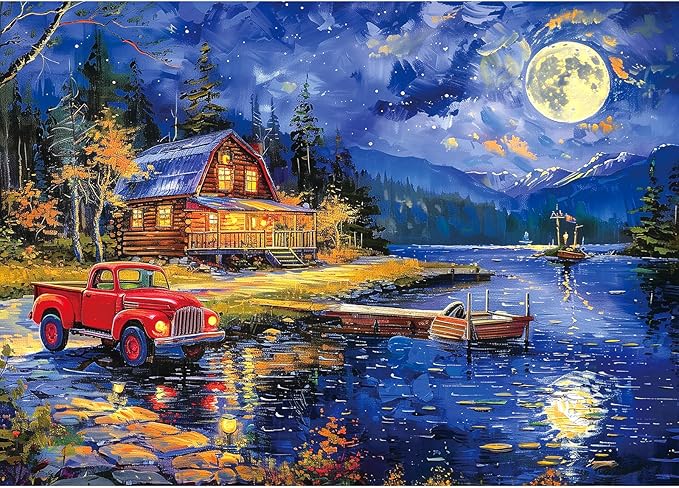 Lake House Night Landscape Jigsaw Puzzles for Adults 1000 Piece Village Puzzle for Adults with Letters on Back Challenging Family Puzzle Games Gift for Men Women Seniors Size is （26.75 x 19.75）