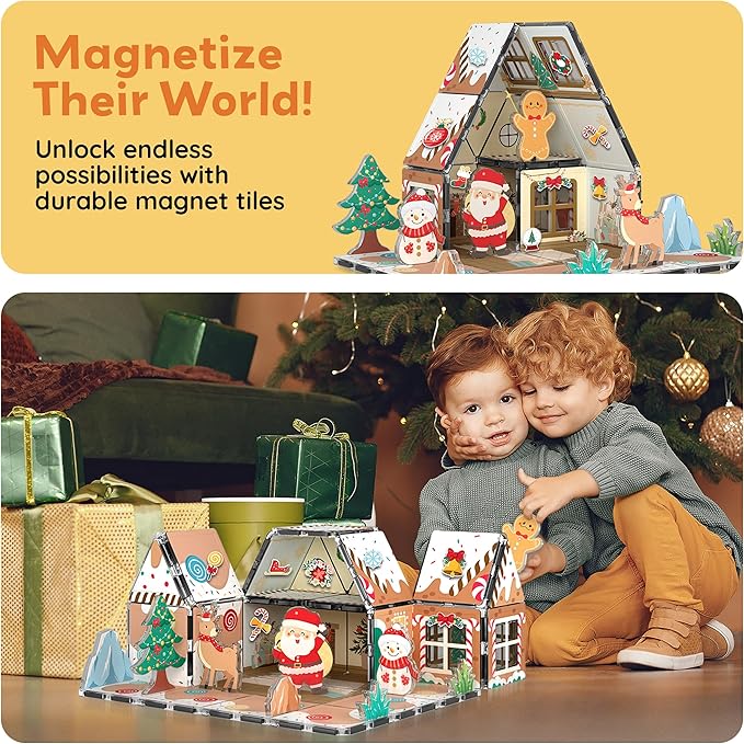 PicassoTiles Magnetic Tiles Gingerbread House Holiday Character Action Figures Santa, Snowman, Deer Winter Theme Construction Kit Magnet Building Blocks STEM Learning Gifts Toddler Toys Ages 3+ PTQ09