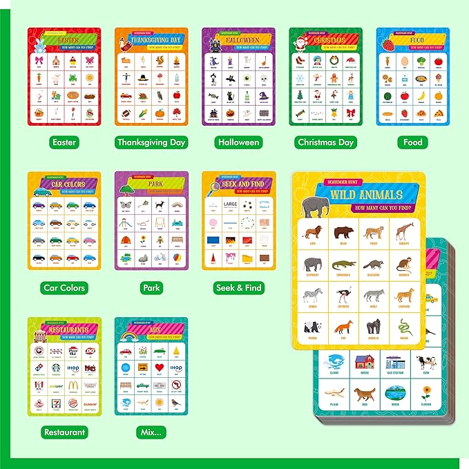 Road Trip Bingo Game, 30 Double-Sided Game Boards (Animal, Holiday, Building, Vehicle Themes), Dry-Erase Scavenger Hunt Bingo Games for Road Trip, Car Travel, Outdoor Activities for Kid, Adult