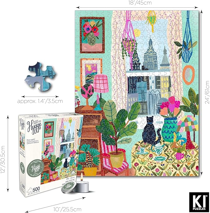 500 Piece Puzzle for Adults Hygge Collection Cat in Window Rhi James Blueboard Jigsaw and Candle by KI Puzzles