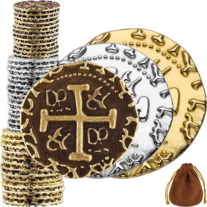 Large Pirate Coins - 36 Bronze, Silver & Gold Treasure Coin Set - Metal Replica Spanish Doubloons for for Pirate Party Decorations & Favors, Tokens, Cosplay - Pirate Treasure Chest - M, L, XL Sizes