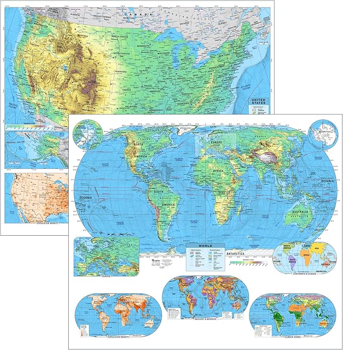 US & World Advanced Physical Classroom Map Pack by BrightWay Educational | 36" x 30" Educational Wall Maps | Grades 9+ | Detailed Geography with Major & Secondary Cities | Geographical & Ocean Features