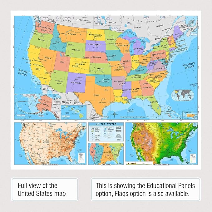 US & World Primary Laminated Classroom Map Pack by BrightWay Educational | 36" x 30" Educational Wall Maps | Grades 1-5 | Bright Colors & Large Fonts | Geographical Features | National Capitals & Major Cities (With Educational Panels)