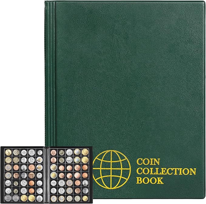 350 Pockets Coin Albums - 35x30 mm/1.3x1.1 inch Pocket Green Coin Book 10 Pages Coin Collection Holder Letter Size Coin Storage Book CS0235GR