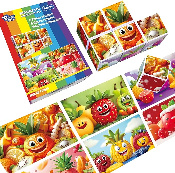 Magnetic Blocks for Toddlers, 1.65 inch Large Building Blocks Tiles, Funny Simle Fruits Puzzle Game, Sensory Montessori STEM Travel Toys for Boys and Girls Ages 3-5 4-8