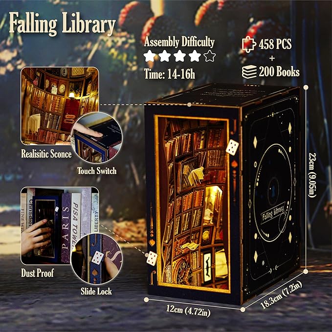 DIY Book Nook Kit, Alice in Wonderland, Dollhouse Miniature, Booknook Bookshelf Insert Alley 3D Wooden Puzzle, Bookends Model Building Kit, Gift for Teens and Adults, Falling Library